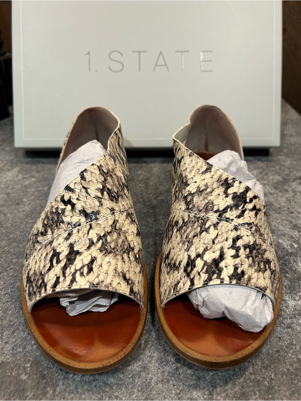 1. State Celvin Women's Snake-Print Open-Toe Sandals in Cream/Black